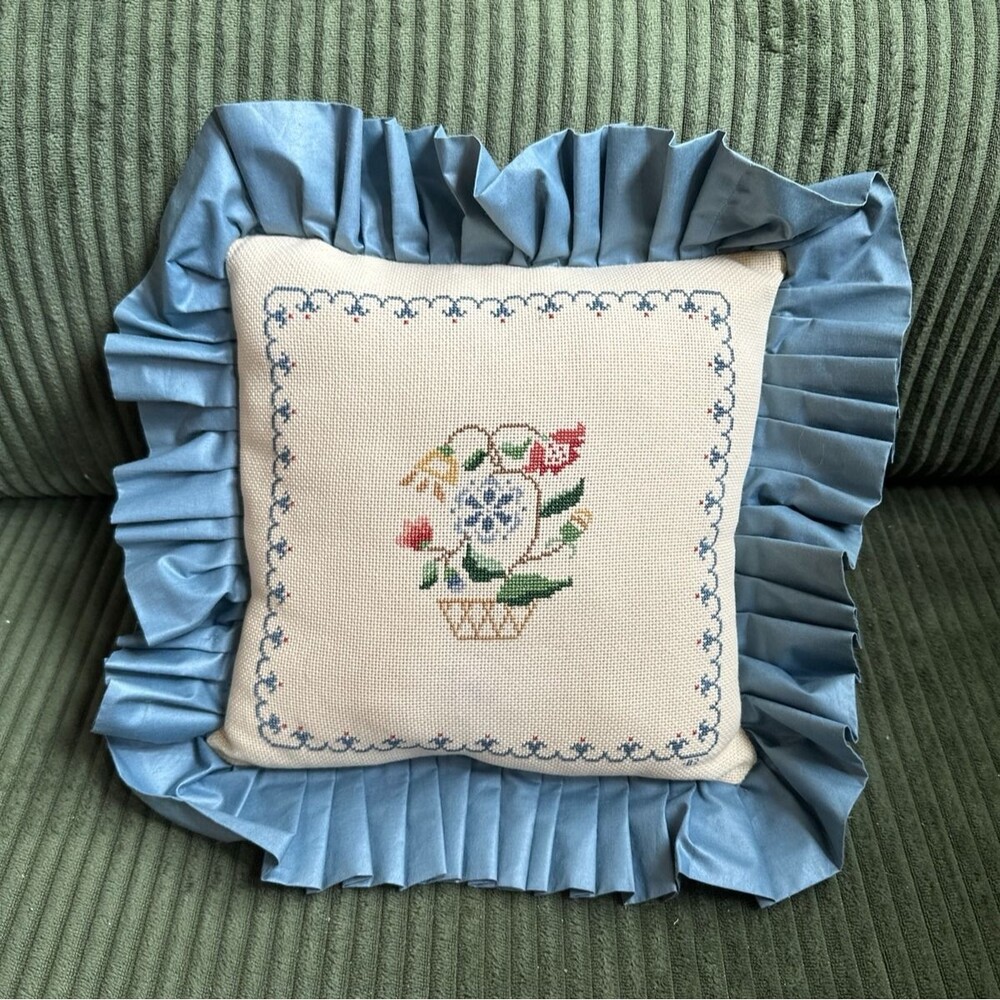 Vintage Floral Throw Pillow 15 X 15 Cottagecore Embroidery Floral Needlepoint